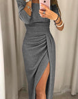 Abendkleid Damen Schulterfrei | Kleid mit Schlitz Midi