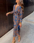 Maxikleid Damen Langarm | Boho Kleid mit V-Ausschnitt und Print