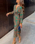 Maxikleid Damen Langarm | Boho Kleid mit V-Ausschnitt und Print