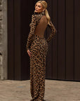 Maxikleid Damen Leopardenmuster | Bodycon Kleid Rückenfrei mit Langarm
