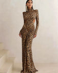 Maxikleid Damen Leopardenmuster | Bodycon Kleid Rückenfrei mit Langarm