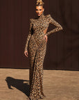 Maxikleid Damen Leopardenmuster | Bodycon Kleid Rückenfrei mit Langarm