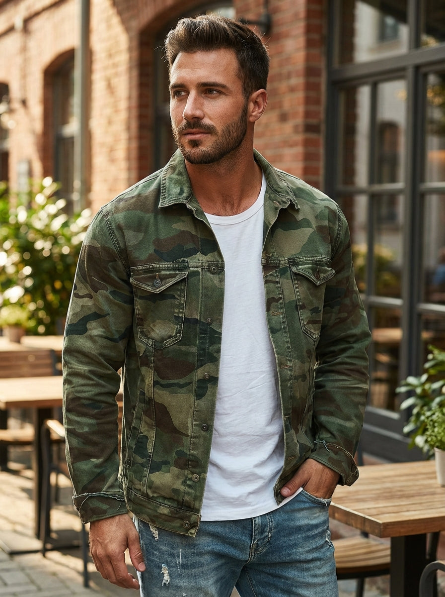 Herren-langarmjacke Mit Kragen Und Camouflage-muster | Freizeit