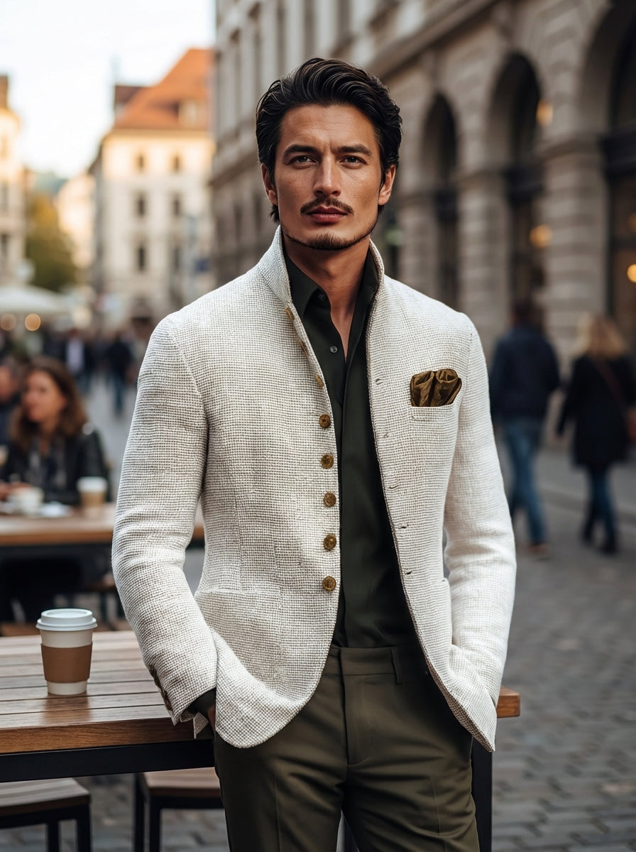 Herren Langen Ärmeln Stehkragen Und Knöpfen Blazer | Gestrickt