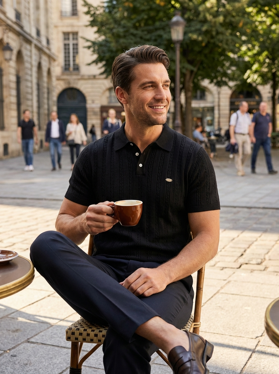 Herren Kragen Kurzen Ärmeln Knöpfen Polo Hemd | Gerippt