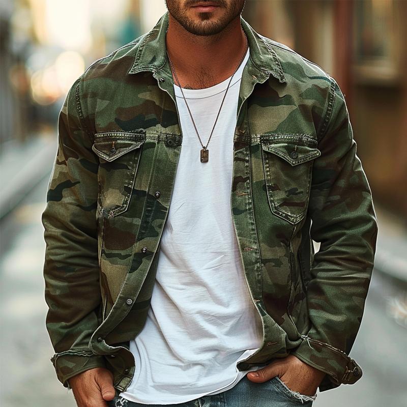 Herren-langarmjacke Mit Kragen Und Camouflage-muster | Freizeit
