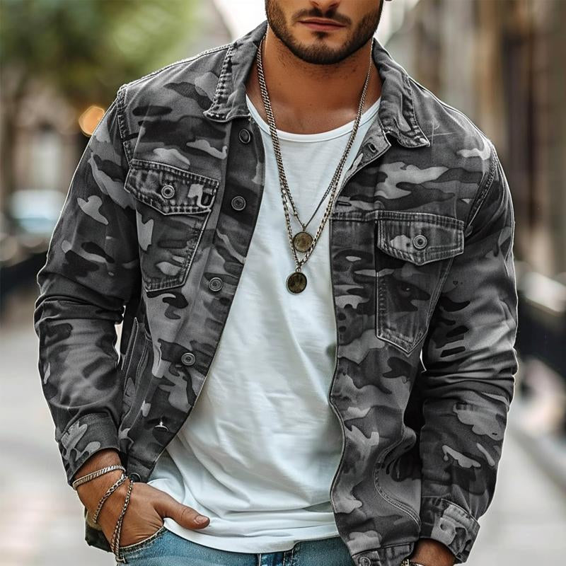 Herren-langarmjacke Mit Kragen Und Camouflage-muster | Freizeit