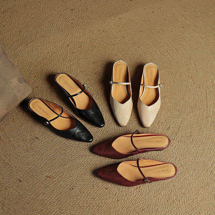 Damen Flache Mules Mit Spitzer Zehenpartie Und Riemchen | Schnalle