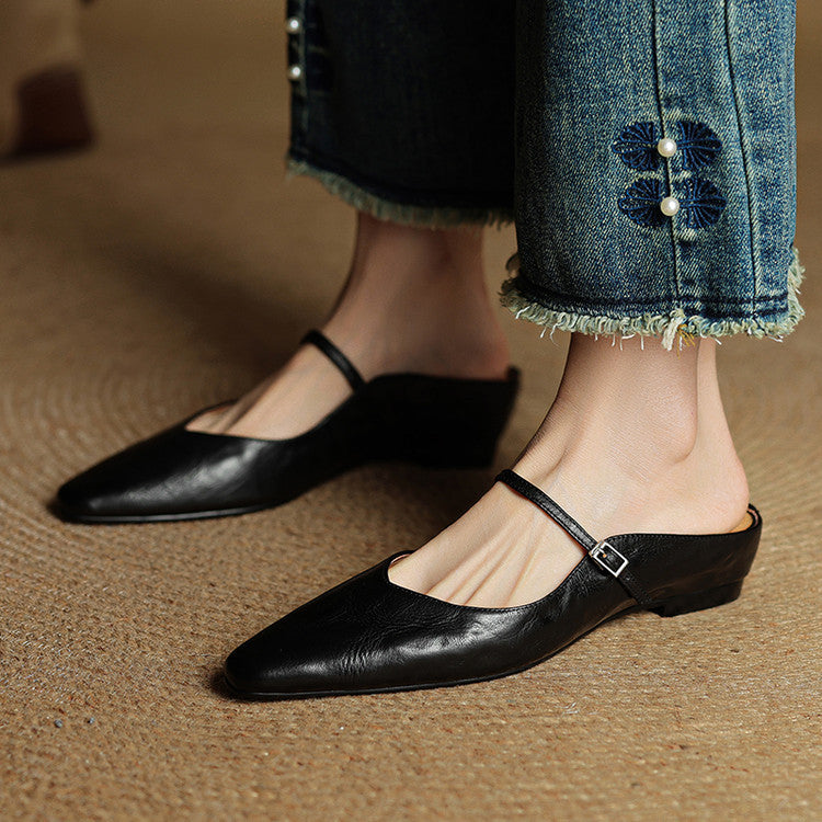 Damen Flache Mules Mit Spitzer Zehenpartie Und Riemchen | Schnalle