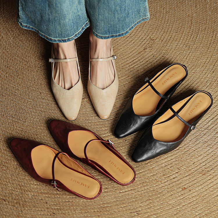 Damen Flache Mules Mit Spitzer Zehenpartie Und Riemchen | Schnalle