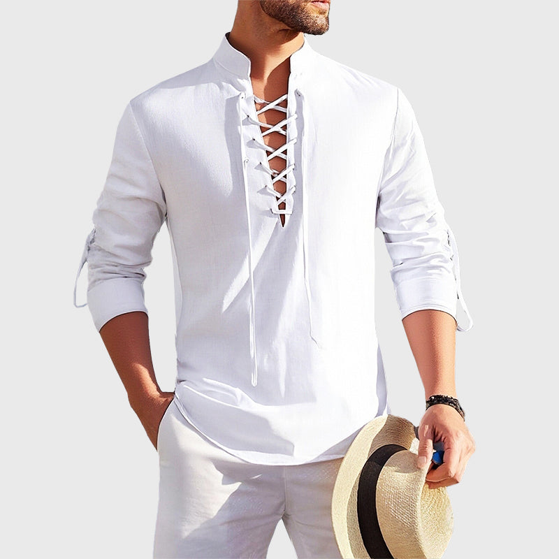 Hemd Herren Stehkragen | Langarm Shirt mit Schnürung