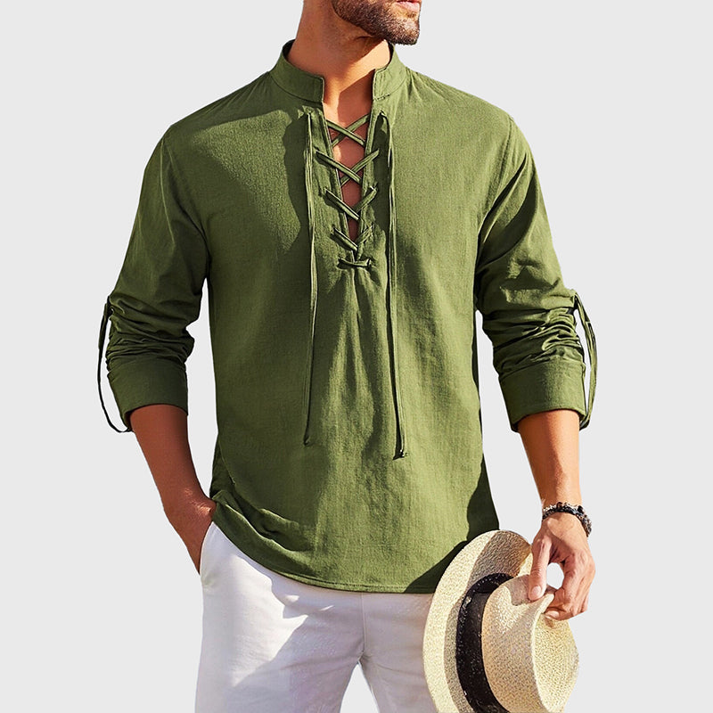 Hemd Herren Stehkragen | Langarm Shirt mit Schnürung