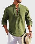 Hemd Herren Stehkragen | Langarm Shirt mit Schnürung