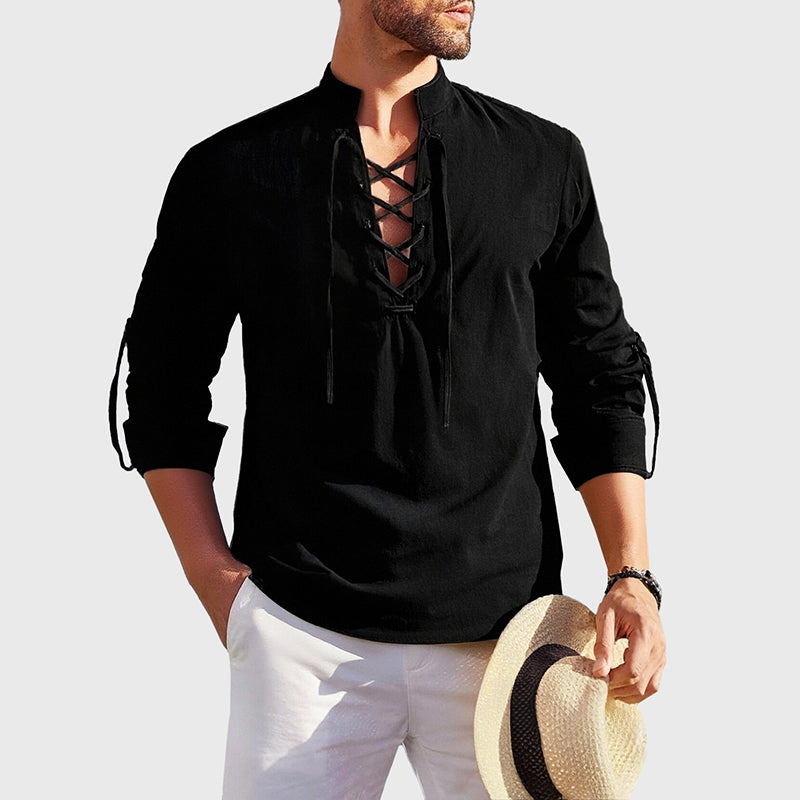 Hemd Herren Stehkragen | Langarm Shirt mit Schnürung
