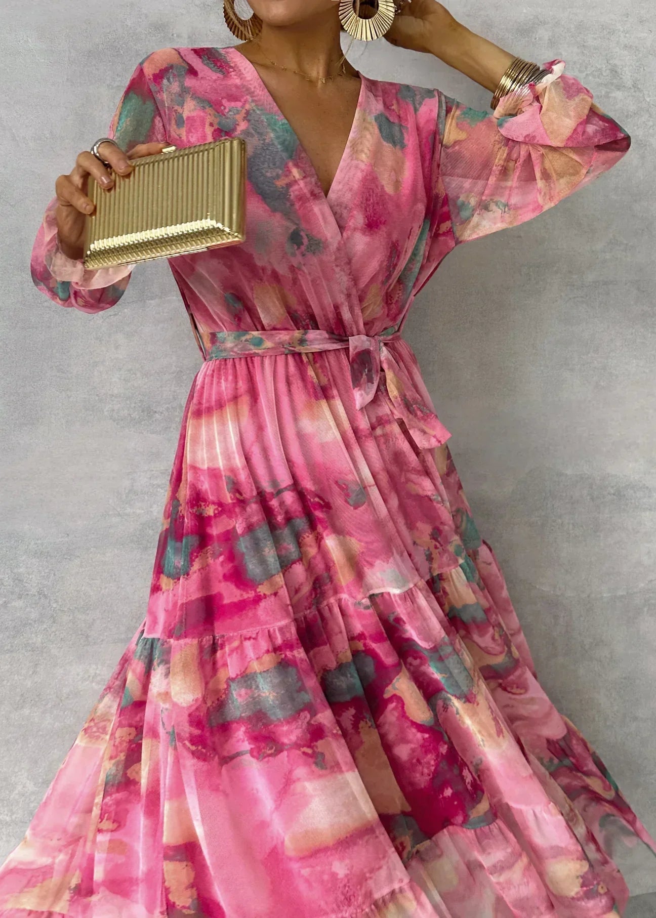Hochzeitsgast Maxikleid Damen | Wickelkleid mit V-Ausschnitt und Print