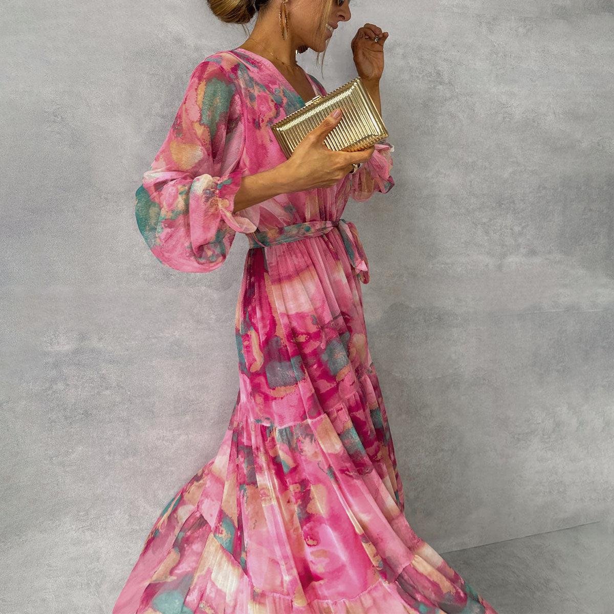 Hochzeitsgast Maxikleid Damen | Wickelkleid mit V-Ausschnitt und Print
