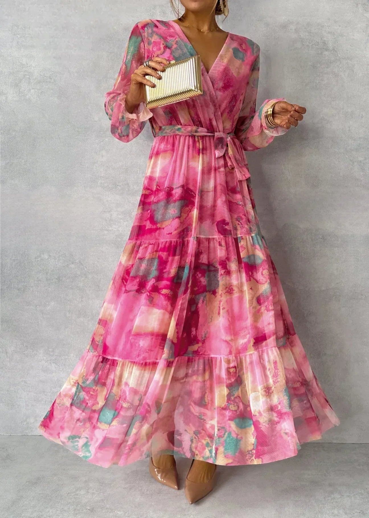 Hochzeitsgast Maxikleid Damen | Wickelkleid mit V-Ausschnitt und Print