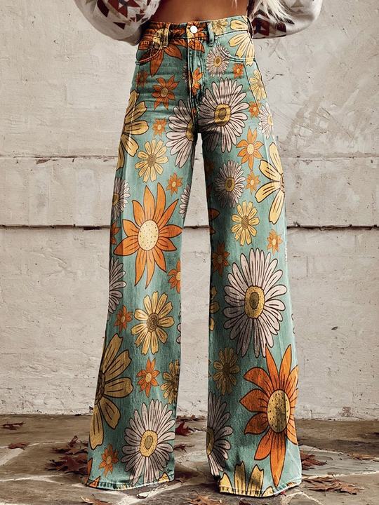 Jeans Damen Blumenmuster | Weite Jeans Hohe Taille