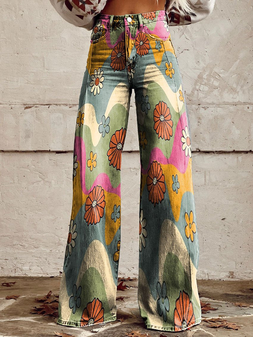 Jeans Damen Blumenmuster | Weite Jeans Hohe Taille
