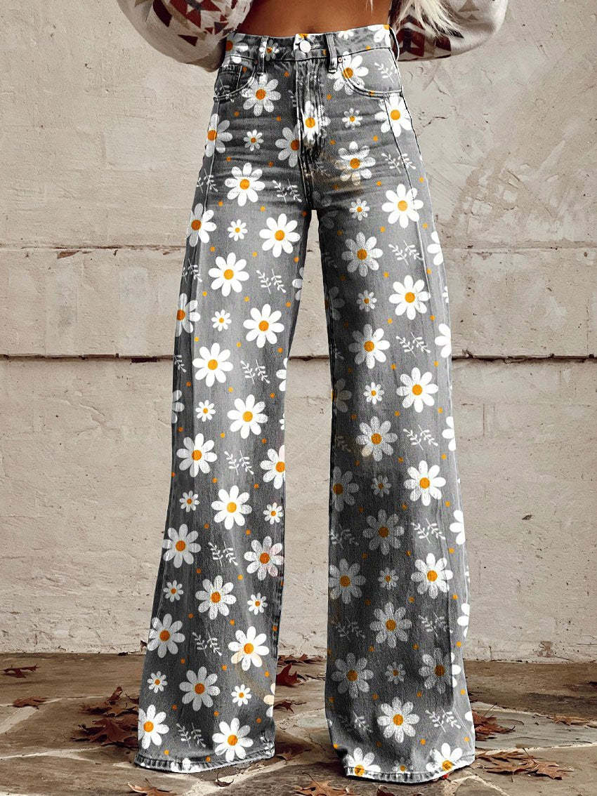 Jeans Damen Blumenmuster | Weite Jeans Hohe Taille
