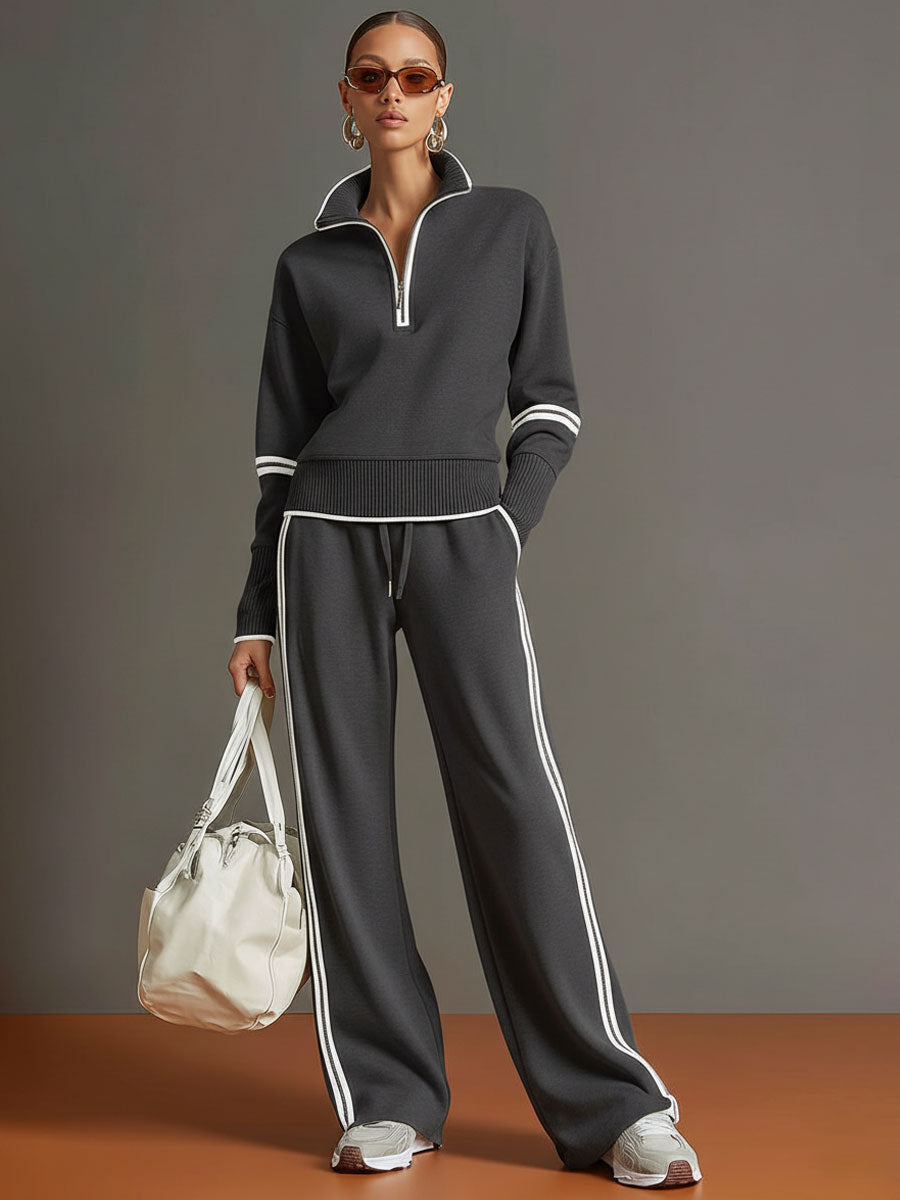 Jogginganzug Damen Zweiteiler | Pullover mit Reißverschluss und Weite Hose