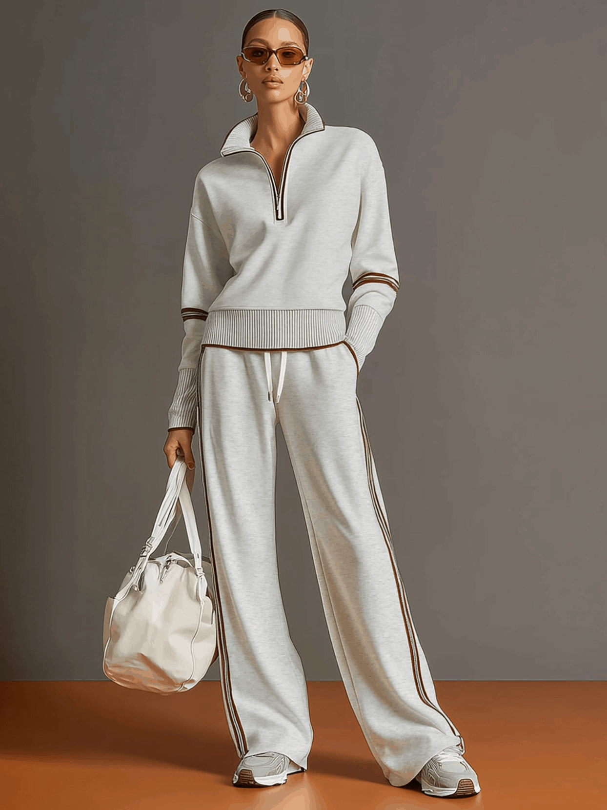 Jogginganzug Damen Zweiteiler | Pullover mit Reißverschluss und Weite Hose