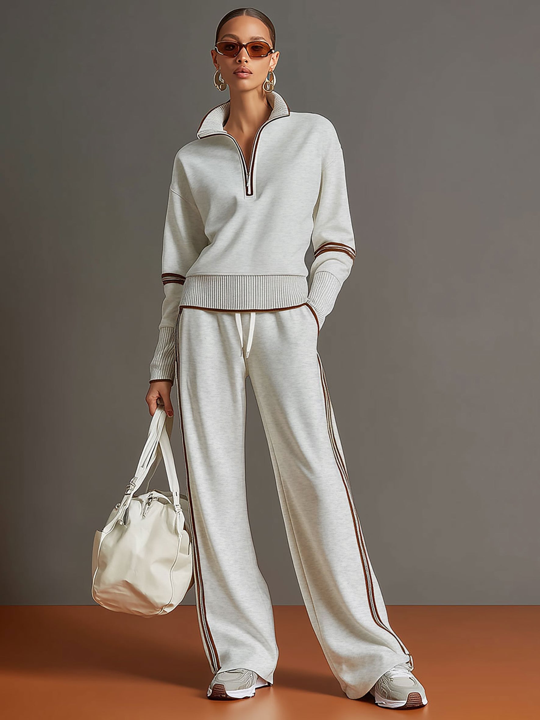Jogginganzug Damen Zweiteiler | Pullover mit Reißverschluss und Weite Hose