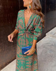 Maxikleid Damen Langarm | Boho Kleid mit V-Ausschnitt und Print