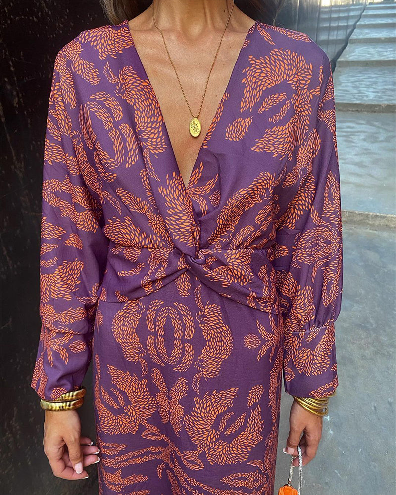Maxikleid Damen Langarm | Boho Kleid mit V-Ausschnitt und Print