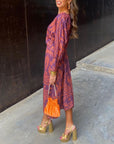 Maxikleid Damen Langarm | Boho Kleid mit V-Ausschnitt und Print