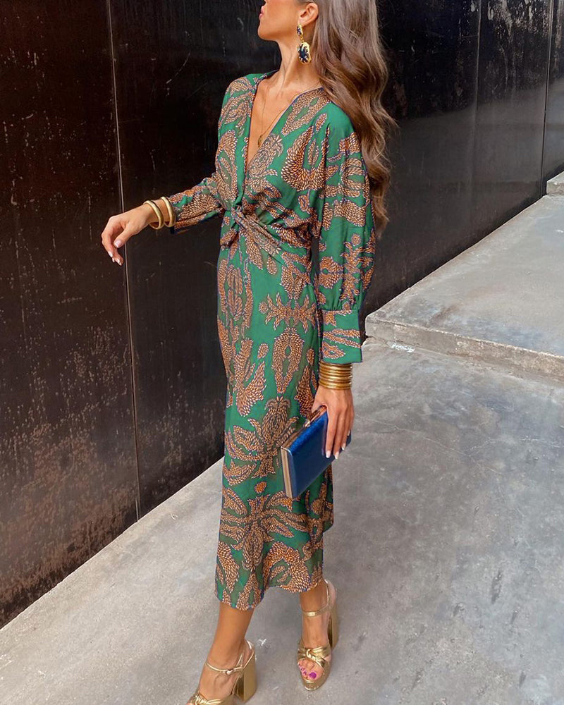 Maxikleid Damen Langarm | Boho Kleid mit V-Ausschnitt und Print