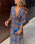 Maxikleid Damen Langarm | Boho Kleid mit V-Ausschnitt und Print