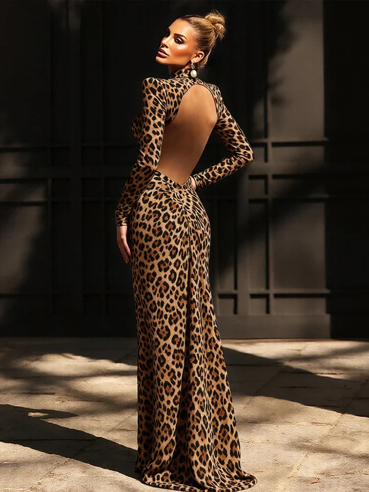 Maxikleid Damen Leopardenmuster | Bodycon Kleid Rückenfrei mit Langarm