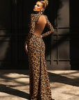 Maxikleid Damen Leopardenmuster | Bodycon Kleid Rückenfrei mit Langarm