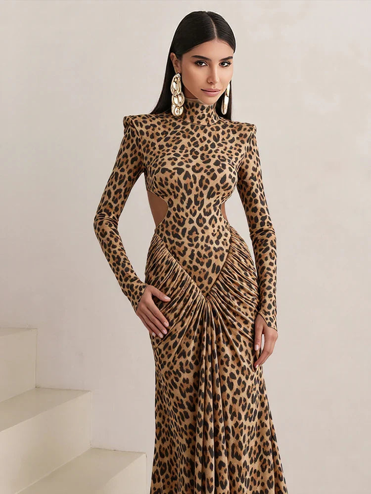 Maxikleid Damen Leopardenmuster | Bodycon Kleid Rückenfrei mit Langarm