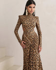 Maxikleid Damen Leopardenmuster | Bodycon Kleid Rückenfrei mit Langarm