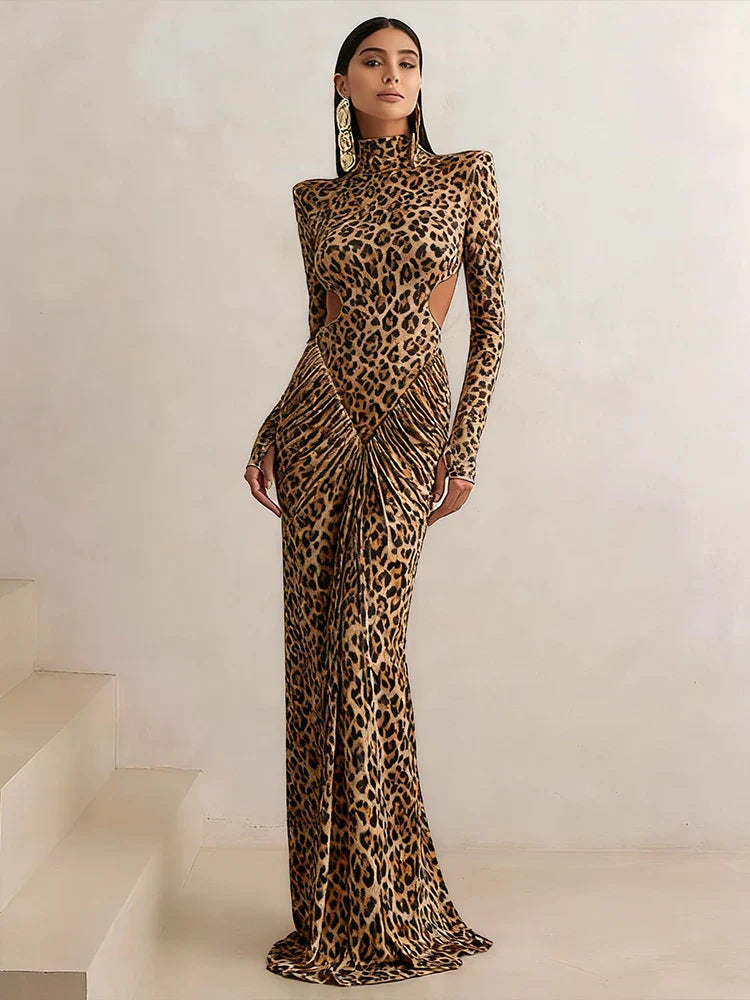 Maxikleid Damen Leopardenmuster | Bodycon Kleid Rückenfrei mit Langarm