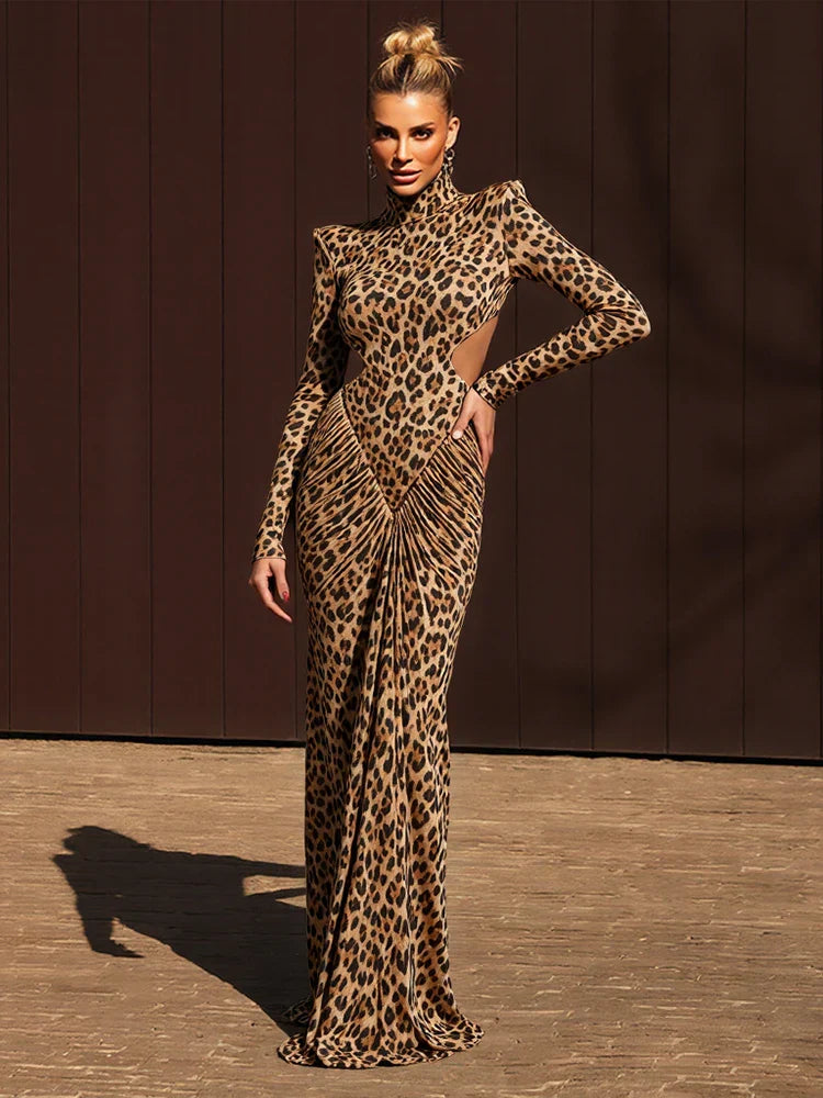 Maxikleid Damen Leopardenmuster | Bodycon Kleid Rückenfrei mit Langarm