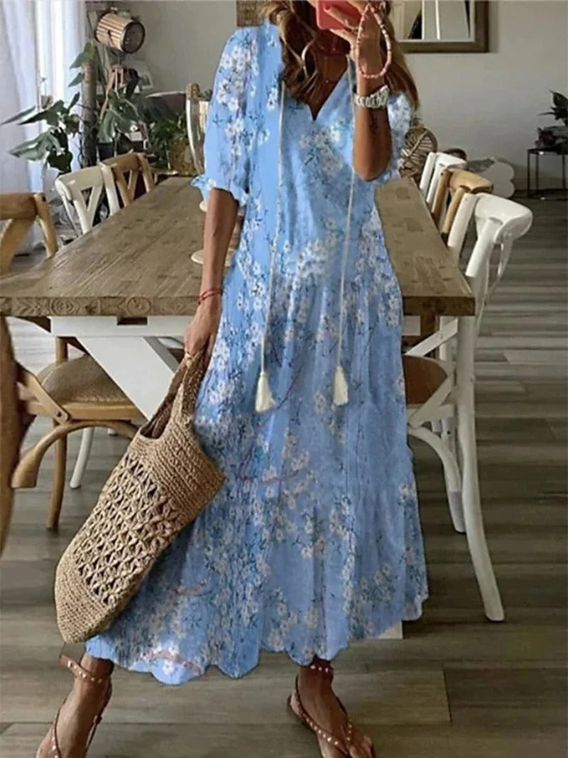 Maxikleid Damen | Sommerkleid mit V-Ausschnitt und Print