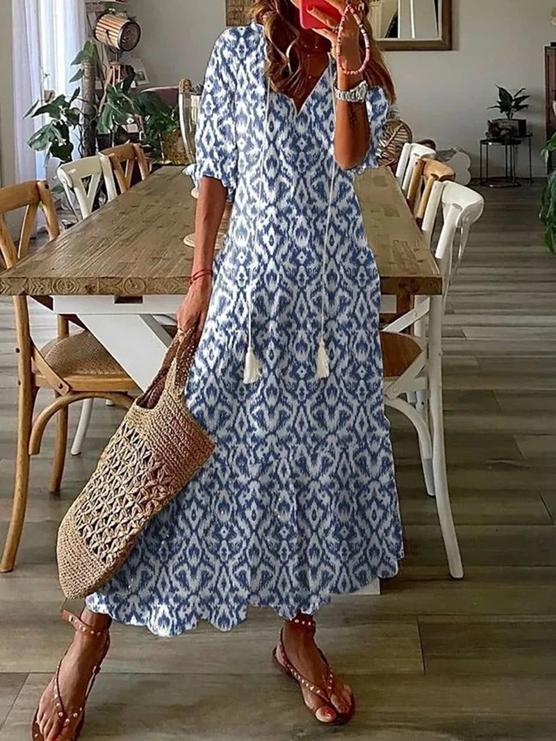 Maxikleid Damen | Sommerkleid mit V-Ausschnitt und Print