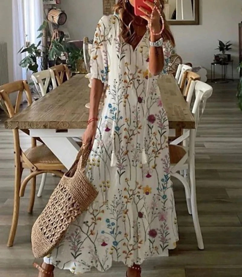 Maxikleid Damen | Sommerkleid mit V-Ausschnitt und Print