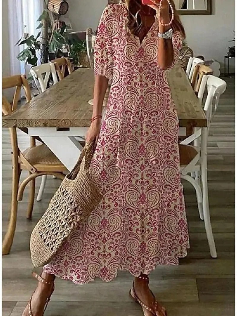 Maxikleid Damen | Sommerkleid mit V-Ausschnitt und Print