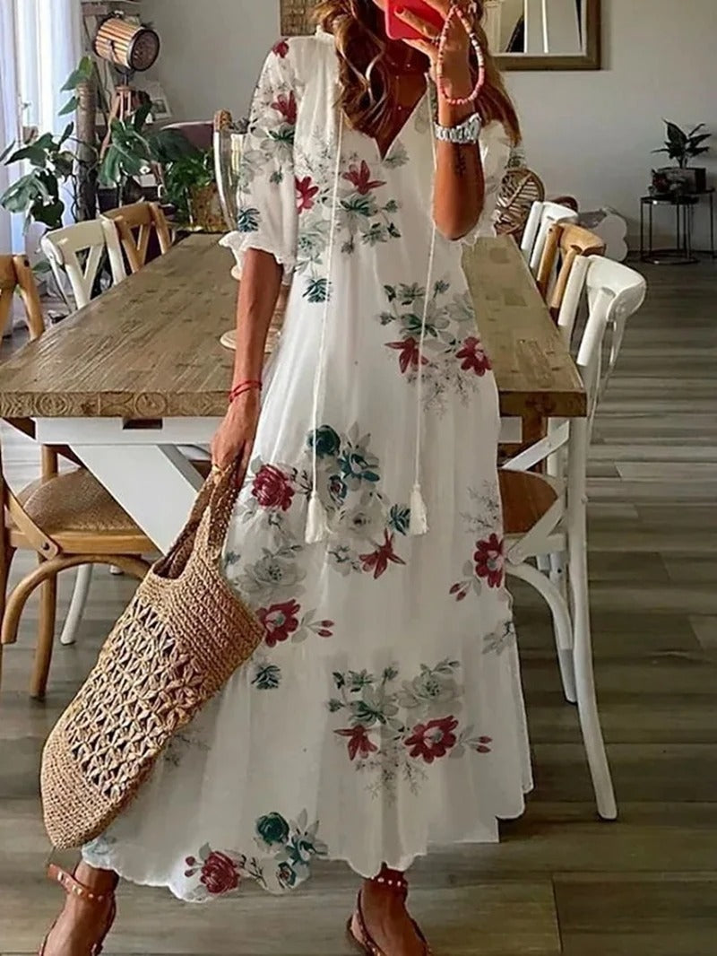 Maxikleid Damen | Sommerkleid mit V-Ausschnitt und Print