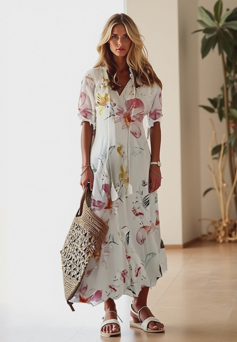 Maxikleid Damen | Sommerkleid mit V-Ausschnitt und Print