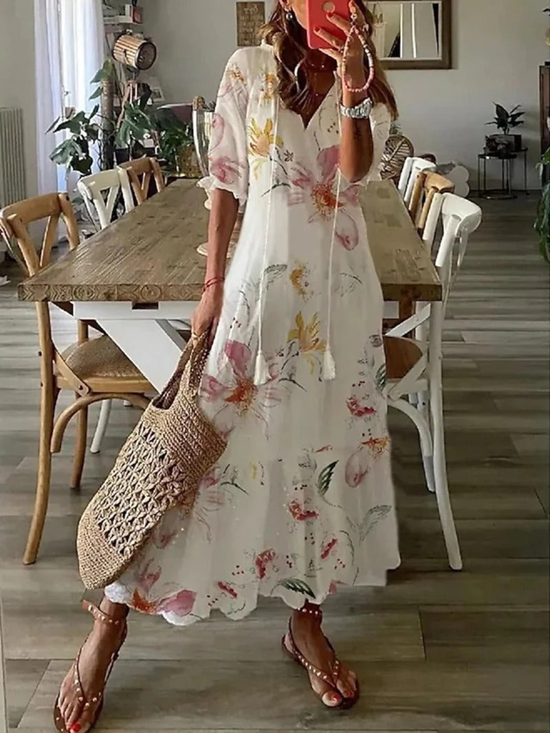Maxikleid Damen | Sommerkleid mit V-Ausschnitt und Print