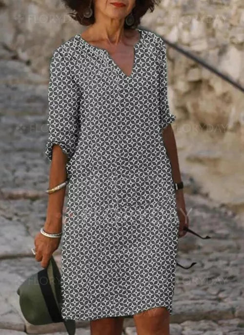 Sommerkleid Damen Kurzarm | Minikleid mit V-Ausschnitt und Muster
