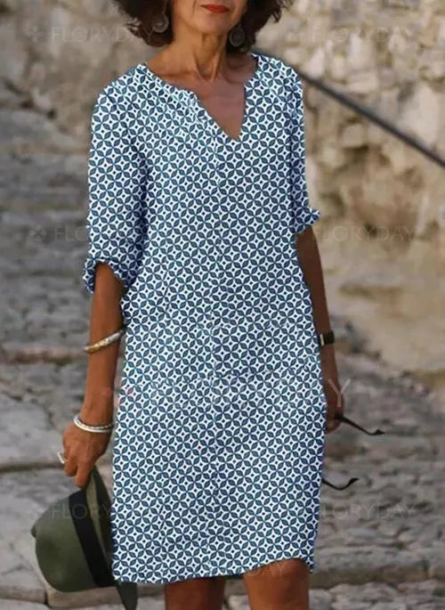 Sommerkleid Damen Kurzarm | Minikleid mit V-Ausschnitt und Muster