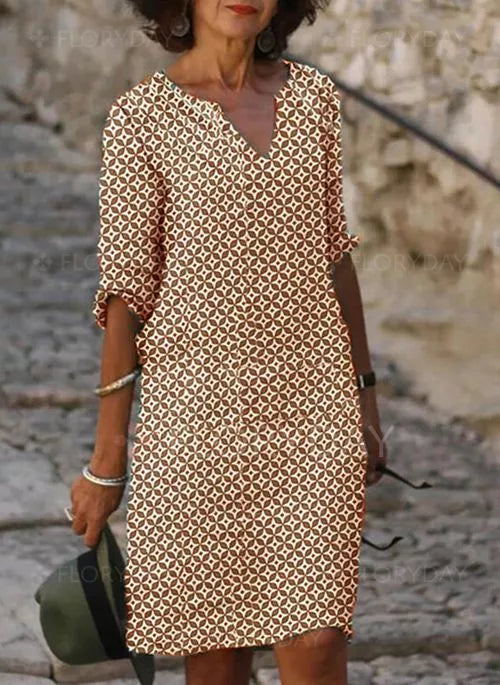Sommerkleid Damen Kurzarm | Minikleid mit V-Ausschnitt und Muster