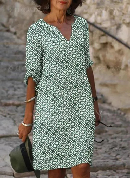 Sommerkleid Damen Kurzarm | Minikleid mit V-Ausschnitt und Muster