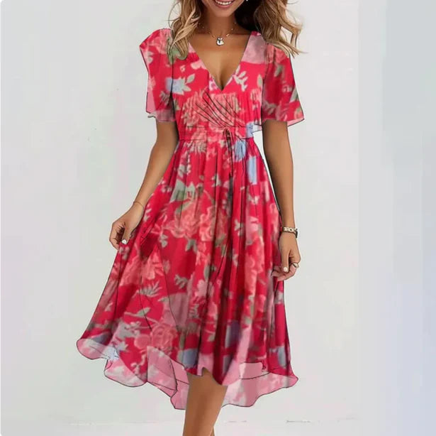 Sommerkleid Damen Midi | Kleid mit V-Ausschnitt und Wickeloptik